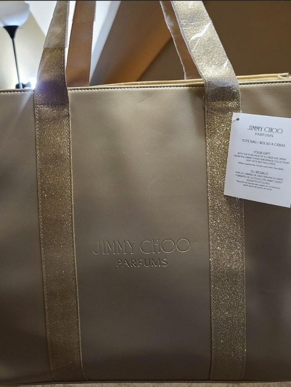 Jimmy Choo Parfums Taupe Tote with Gold Glitter Straps